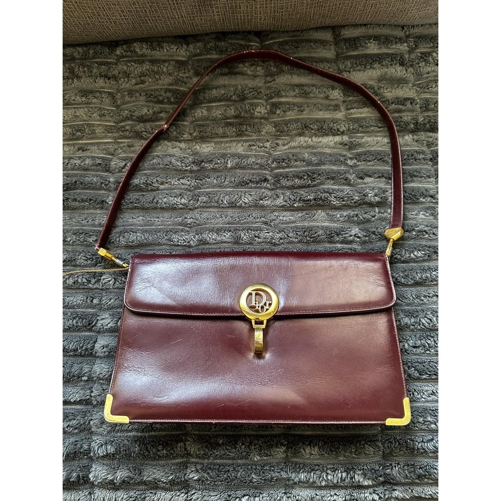 Vintage Christian Dior Burgundy Bag Gold Hardware Shoulder Strap or Clutch.‎